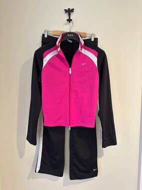 Nike Black, Pink, and White Zip-Up Tracksuit.  Jkt size M. Pts. Size S.